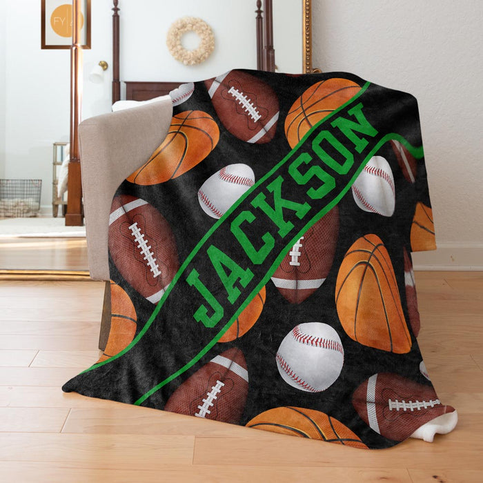 Basketball Football Baseball Pattern with Name Plate Stripe - Personalized Blanket
