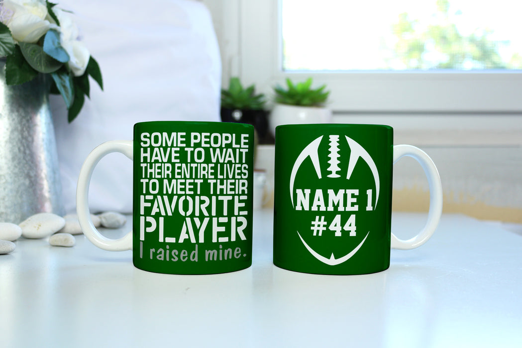 Raised My Favorite Player Fball - Choose Colors - Personalized White Mug - Two Sizes