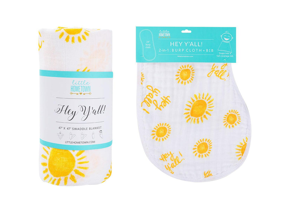 Gift Set: Hey Y'all Baby Muslin Swaddle Blanket and Burp Cloth/Bib Combo