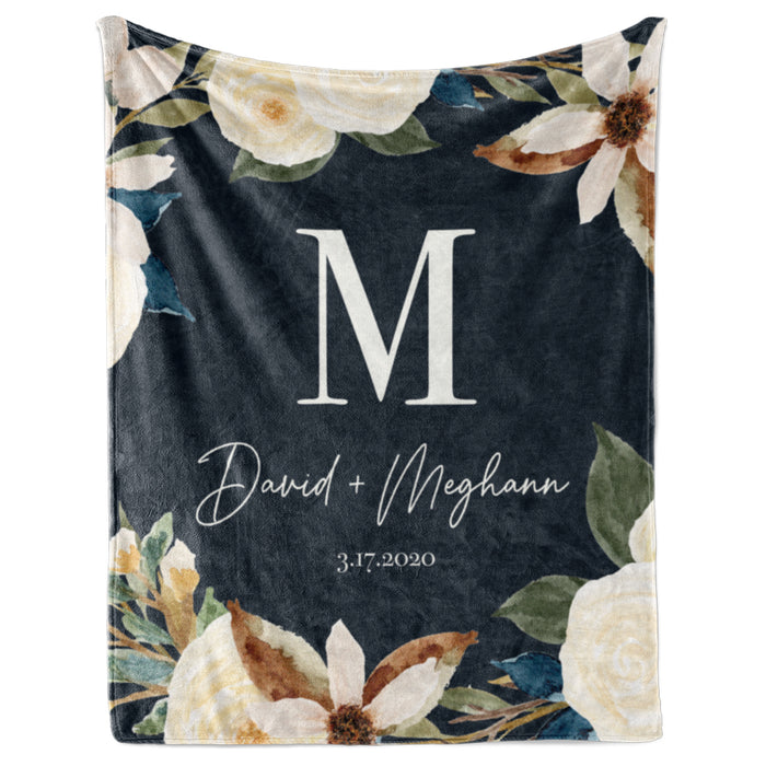 Flower Pattern with Monogram and Names - Personalized Blanket