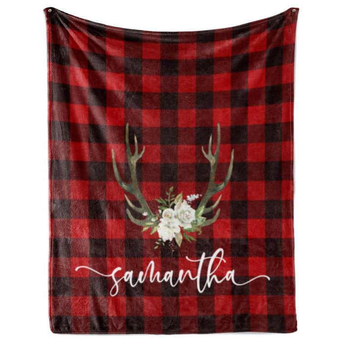 Red Buffalo Plaid - Boho Antlers with Name - Personalized Blanket