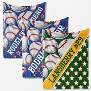 three colorful throw blankets with baseball designs and names printed on them.
