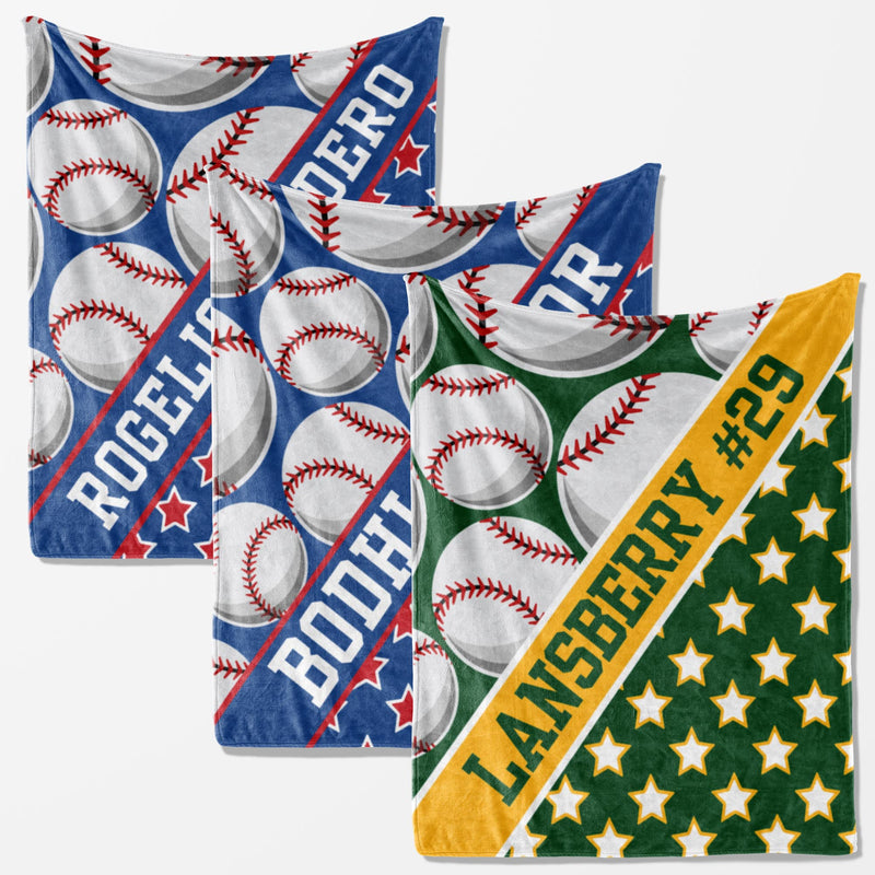 three colorful throw blankets with baseball designs and names printed on them.