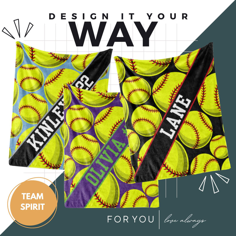 Softball Pattern with Name Plate Stripe - Personalized Blanket