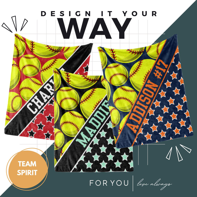 Softball Pattern with Name Plate Stripe and Stars - Personalized Blanket