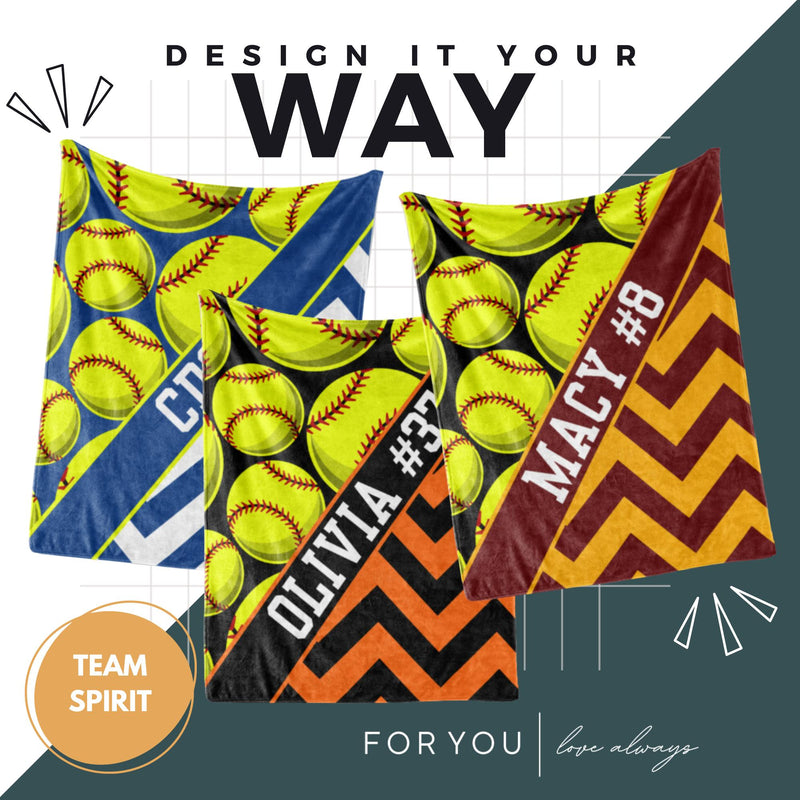 Softball Pattern with Chevron and Name Plate Stripe - Personalized Blanket