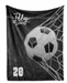 A black and white image of a soccer ball in the net of a soccer goal, with the name "Illy" written above it.