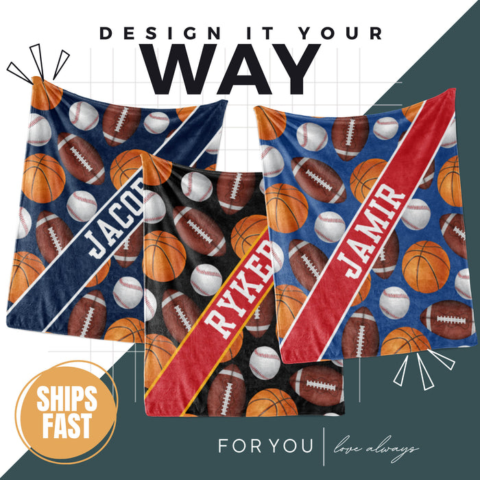 Basketball Football Baseball Pattern with Name Plate Stripe - Personalized Blanket