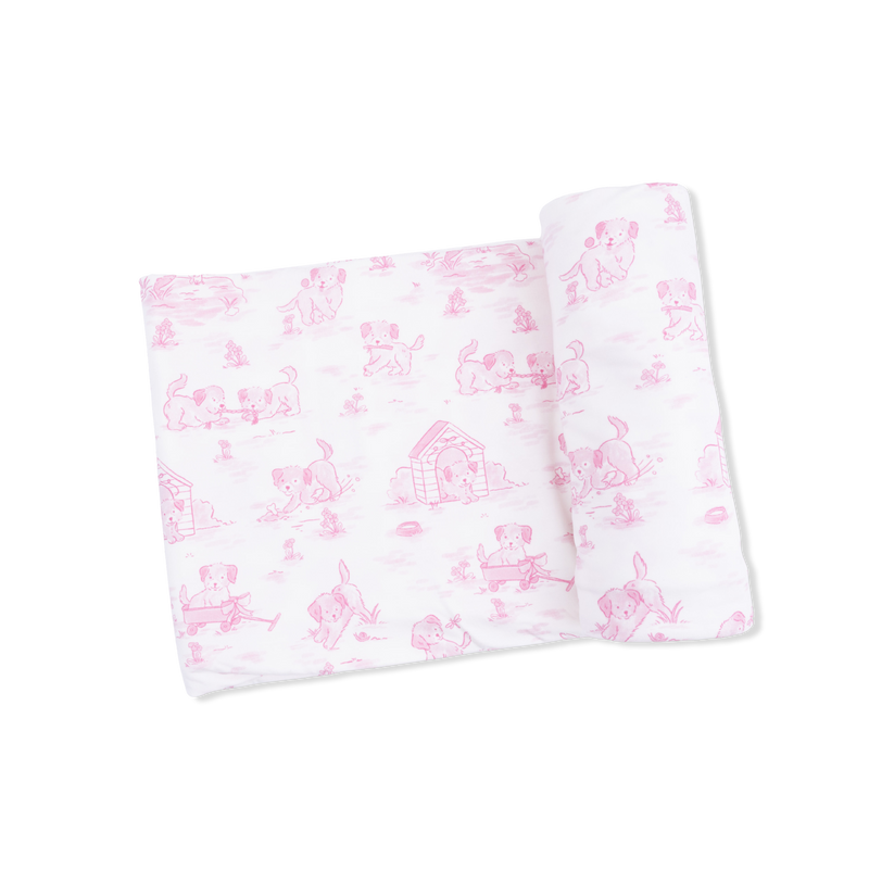 Puppy Toile Pink - 2 Way Ruffle Back Zipper Footie with Bandana Bib, and Swaddle Blanket Set