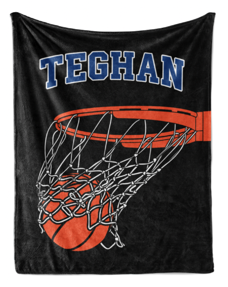 A black basketball net with an orange basketball in the center, along with the name "TEGHAN" written above it.