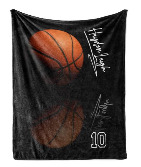 A black blanket with a basketball printed on it, along with the number 10.