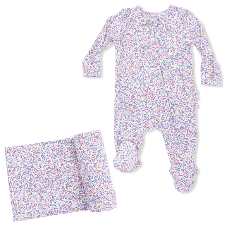 Elizabeth's Garden -2 Way Ruffle Back Zipper Footie & Swaddle Blanket Set