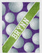 A personalized golf ball blanket with the name "BRYNN" printed on it, featuring a pattern of white golf balls against a purple background.