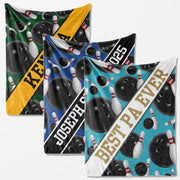 three different blankets with bowling-themed designs. The first blanket has a green and yellow color scheme with bowling balls and pins. The second blanket has a blue and white color scheme with bowling balls and pins. The third blanket has a white and red color scheme with bowling balls and pins.