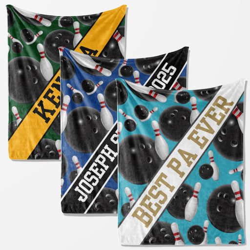 three different blankets with bowling-themed designs. The first blanket has a green and yellow color scheme with bowling balls and pins. The second blanket has a blue and white color scheme with bowling balls and pins. The third blanket has a white and red color scheme with bowling balls and pins.