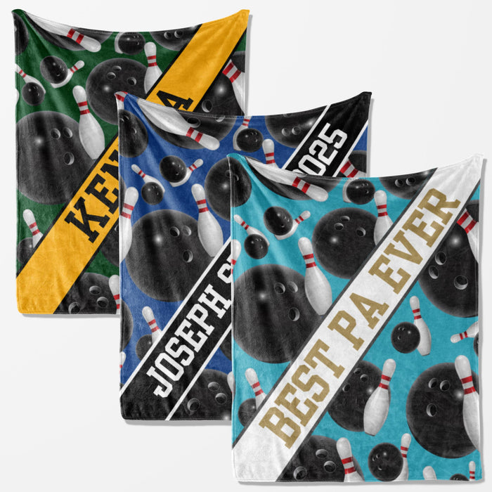 three different blankets with bowling-themed designs. The first blanket has a green and yellow color scheme with bowling balls and pins. The second blanket has a blue and white color scheme with bowling balls and pins. The third blanket has a white and red color scheme with bowling balls and pins.