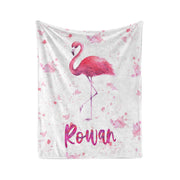 a pink flamingo standing on one leg, with the name "Rowan" written below it.