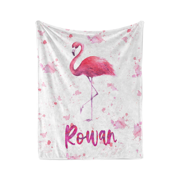 a pink flamingo standing on one leg, with the name "Rowan" written below it.