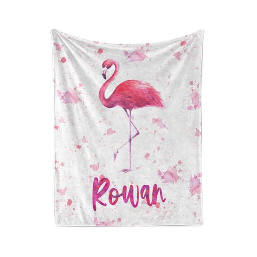 a pink flamingo standing on one leg, with the name "Rowan" written below it.