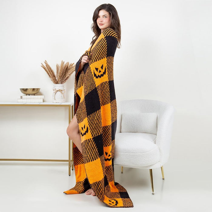 Plaid Halloween Jack-o'-Lantern Print - Brushed Poly Microfiber Throw Blanket