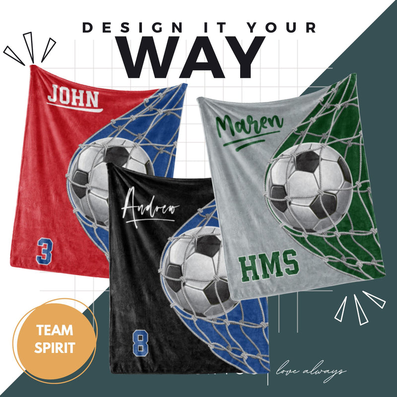 Soccer Ball Through Net Colored Design with Name - Personalized Blanket