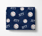 a navy blue blanket with a repeating pattern of baseballs and the word "Jett" printed on it.