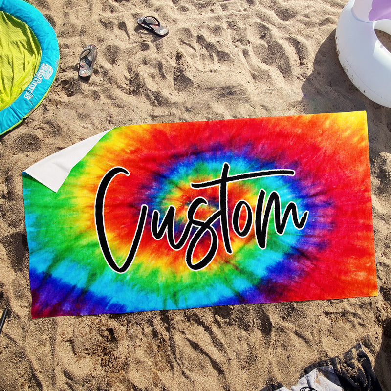 a beach towel with the word custom on it