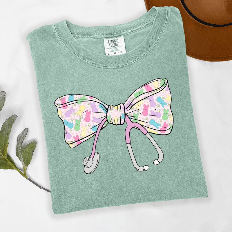 Peeps Bunny Easter Stethoscope Bow Graphic T-Shirt or Crewneck Sweatshirt