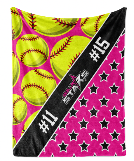A soft blanket with a vibrant design featuring yellow softballs and pink stars.
