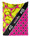 A soft blanket with a vibrant design featuring yellow softballs and pink stars.
