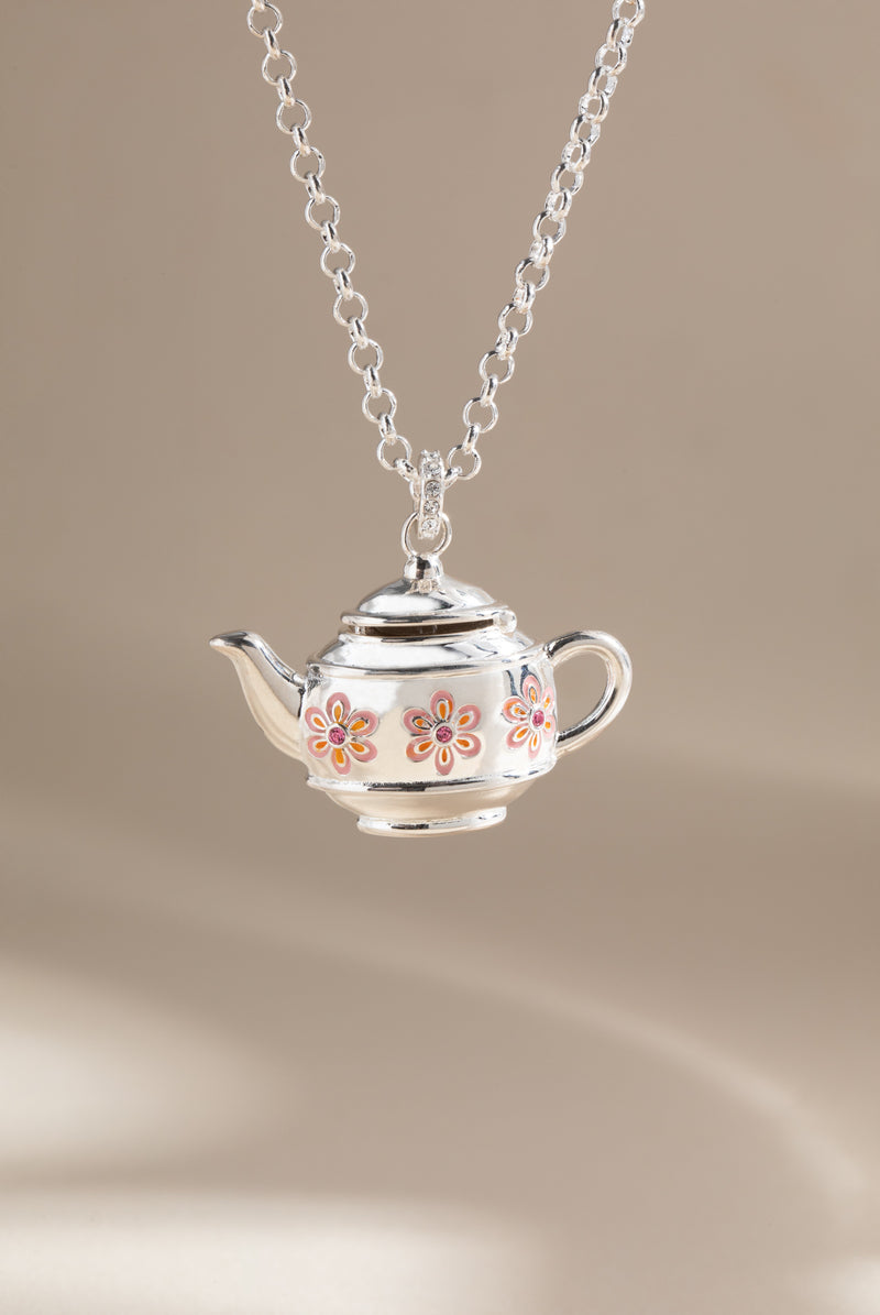 Floral Teapot Locket Pendant Necklace