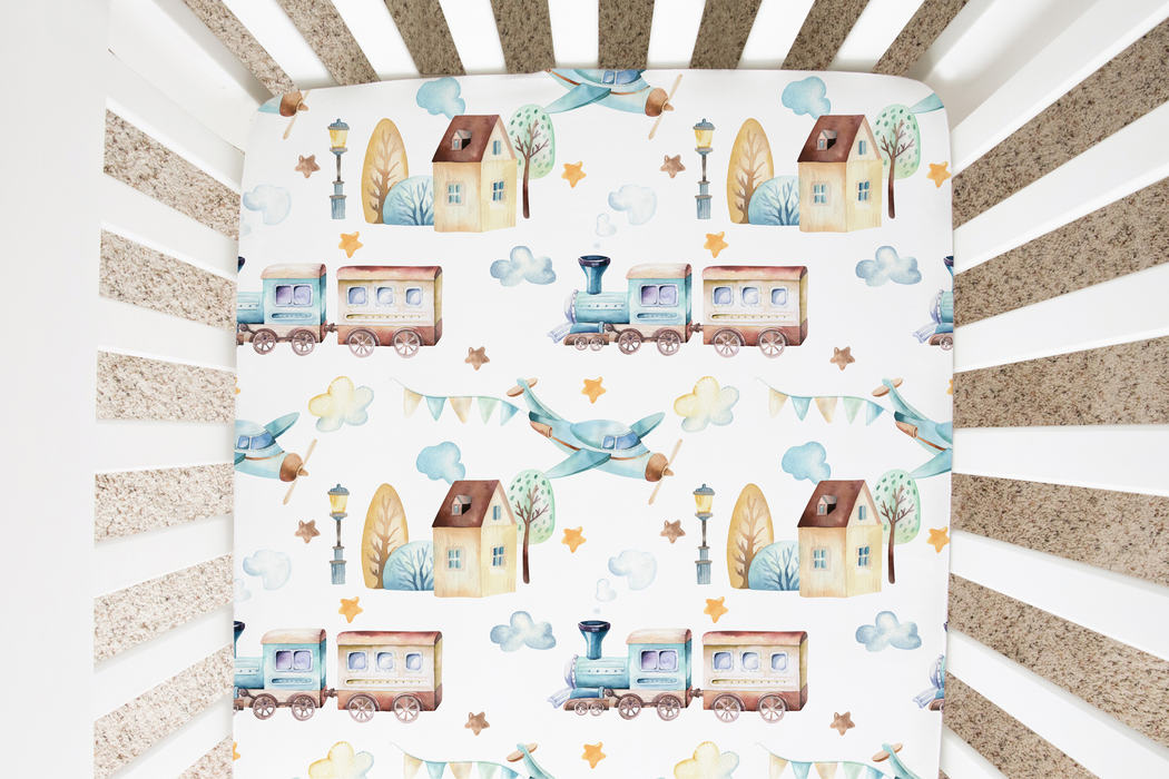 Fitted Crib Sheet - Airplane & Train