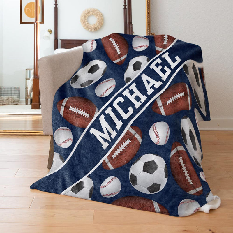 Soccer Football Baseball Sports Pattern with Name Plate Stripe - Personalized Blanket