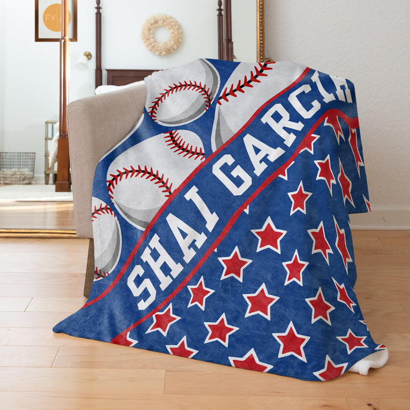 Baseball Pattern with Name Plate Stripe and Stars - Personalized Blanket
