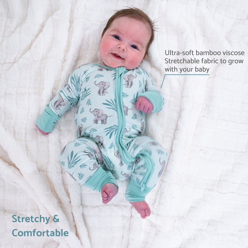 Ele-phantastic day Baby Bamboo Pajamas, 2-Way Zipper Romper