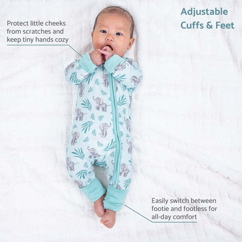 Ele-phantastic day Baby Bamboo Pajamas, 2-Way Zipper Romper