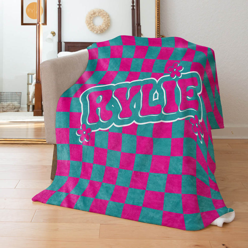 Checkered Groovy Retro Custom Name - Personalized Blanket