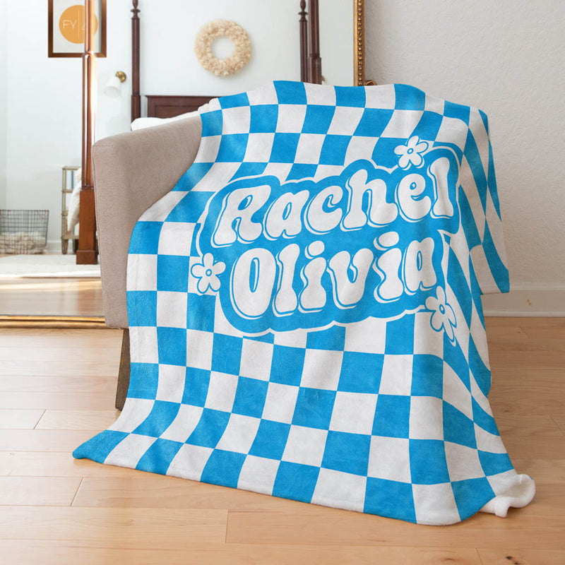 Checkered Groovy Retro Custom Name - Personalized Blanket