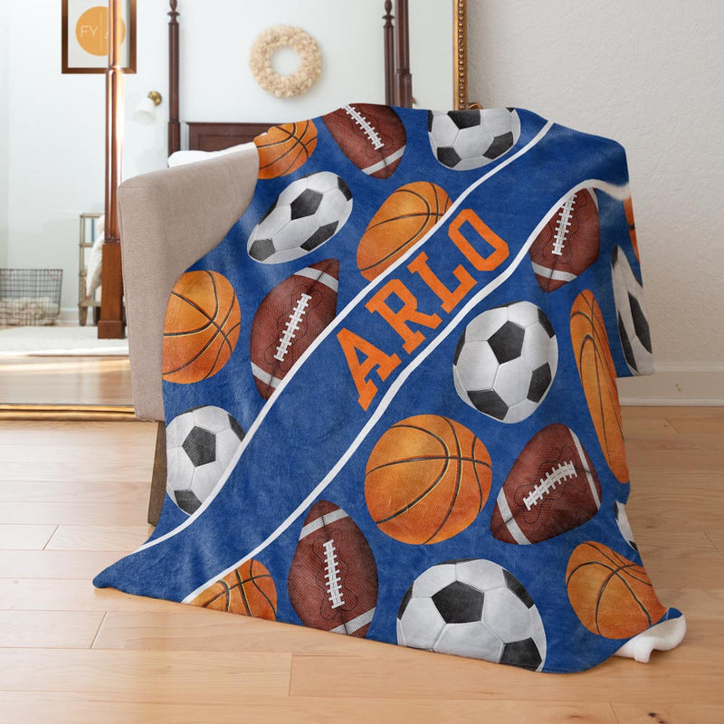 Basketball Football Soccer Sports Pattern with Name Plate Stripe - Personalized Blanket