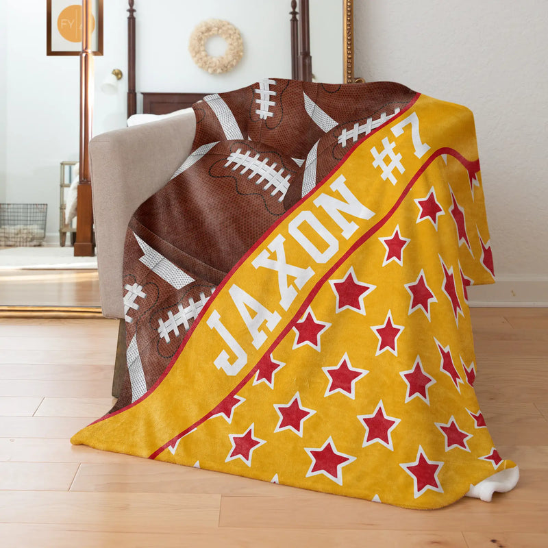 Football Full Pattern with Name Plate Stripe and Stars - Personalized Blanket