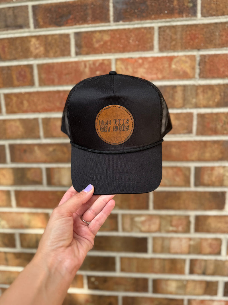 Dad Bods Get Nods Leather Patch Hat – Funny Trucker Hat for Men – Foam Otto or Two-Tone Twill Hat – Grillin’ & Chillin’ Dad Gift