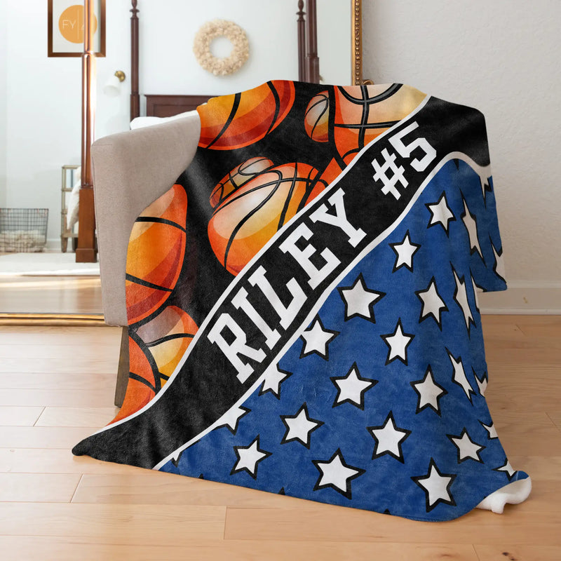 Basketball Pattern with Name Plate Stripe and Stars - Personalized Blanket