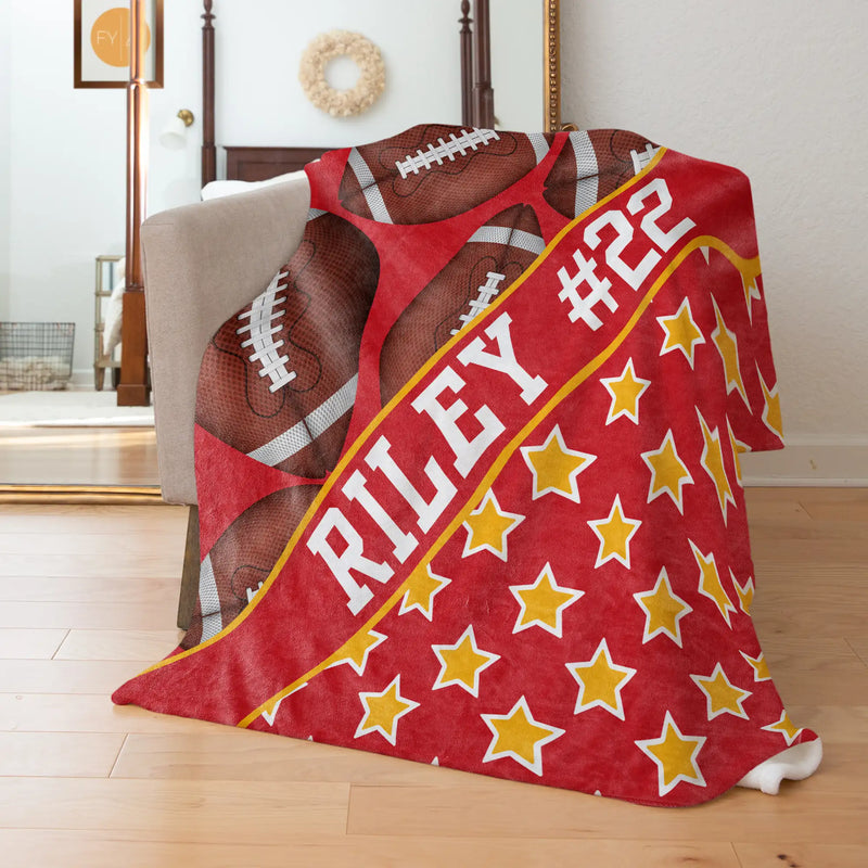 Footballs Pattern with Name Plate Stripe and Stars - Personalized Blanket