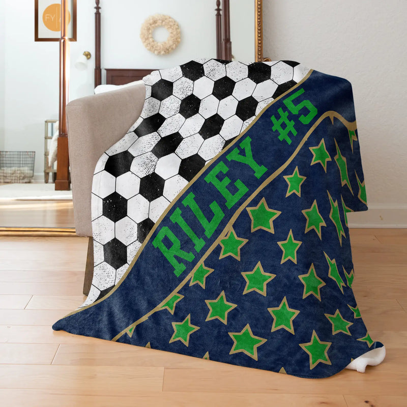 Soccer Full Pattern with Name Plate Stripe and Stars - Personalized Blanket