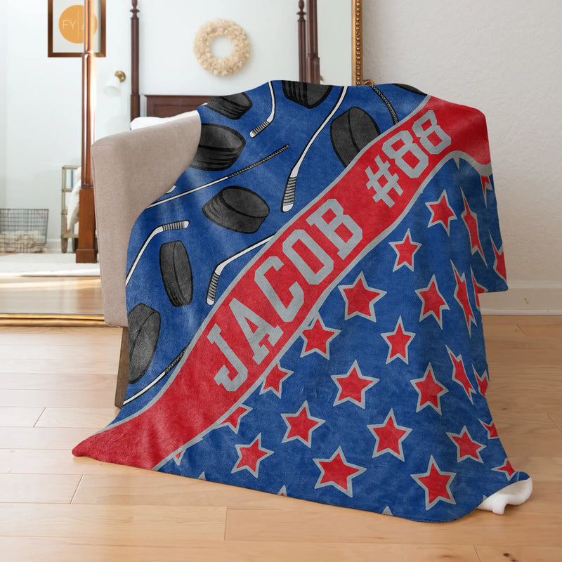 Hockey Pattern with Name Plate Stripe and Stars - Personalized Blanket