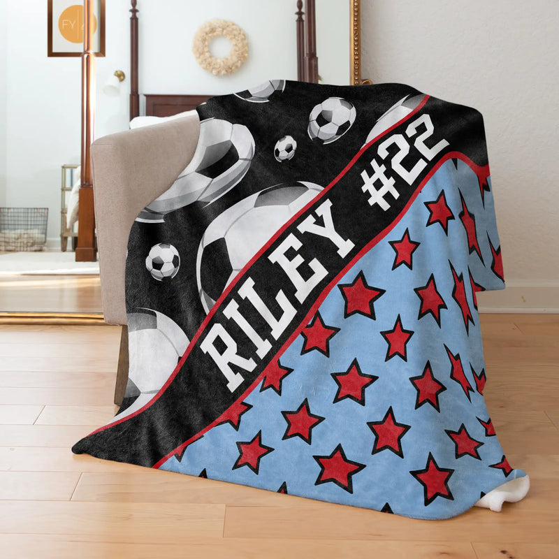 Soccer Balls Pattern with Name Plate Stripe and Stars - Personalized Blanket
