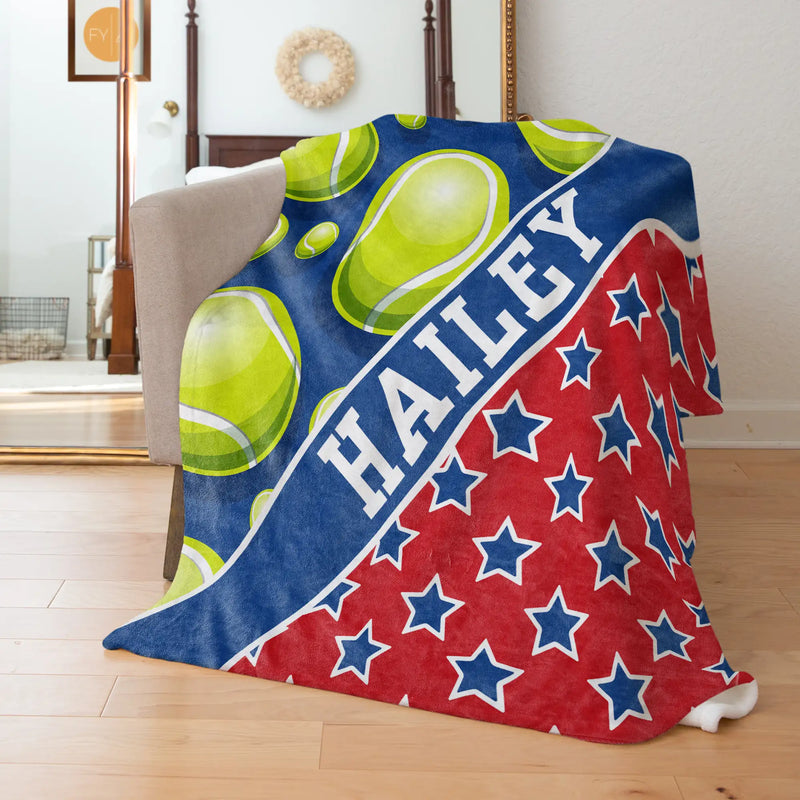Tennis Pattern with Name Plate Stripe and Stars - Personalized Blanket