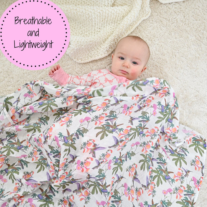 LollyBanks Muslin Swaddle Blankets, 100% Cotton Baby Blanket, 47"x 47" Newborn Swaddle Blanket, (Hummingbird Pattern)