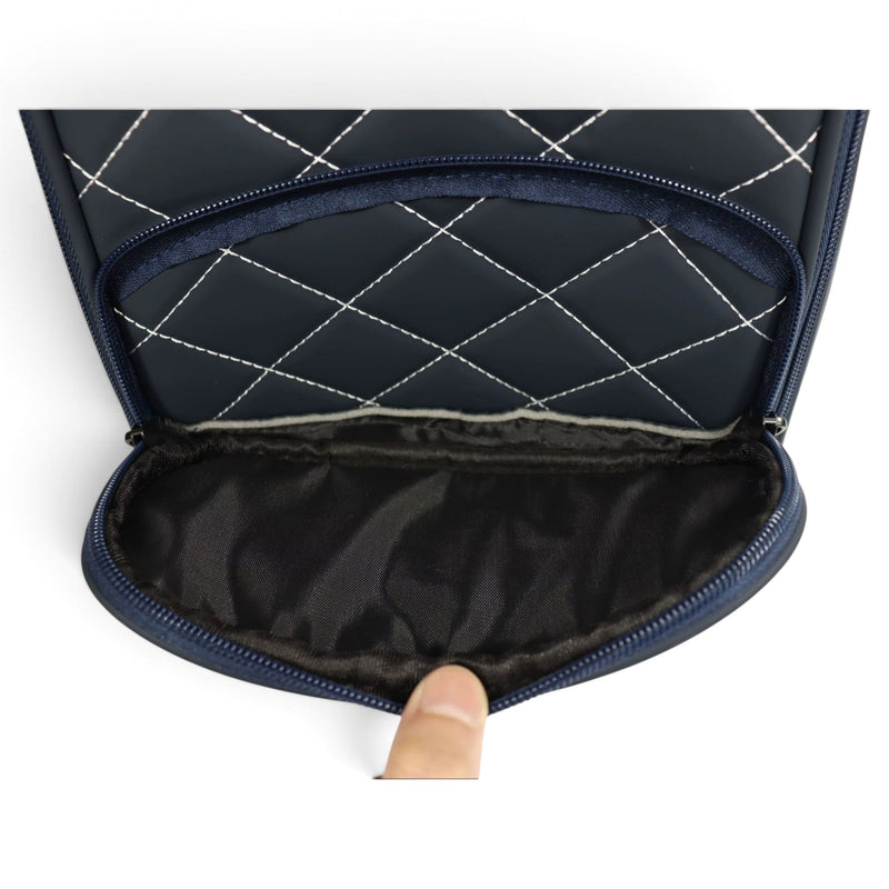Navy/White Golf Shoe Bag | Premium PU Leather Golf Shoe Organizer | Quilted Travel Shoe Case with Accessory Pocket, Carry Handle & Ventilation
