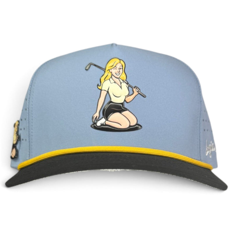 Fore the Boys Golf Hat | Snapback Cap | Built-in Magnetic Ball Marker Holder + Marker Included | Adjustable Blonde Light Blue
